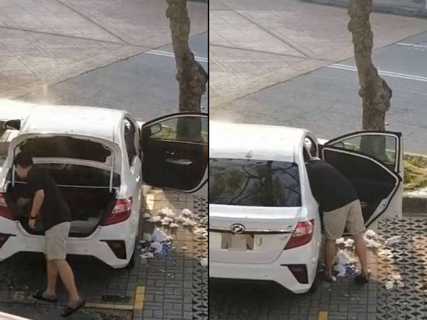 Paparan video menunjukkan kawasan parkir kotor dipenuhi sampah bersebelahan kereta lelaki terbabit.