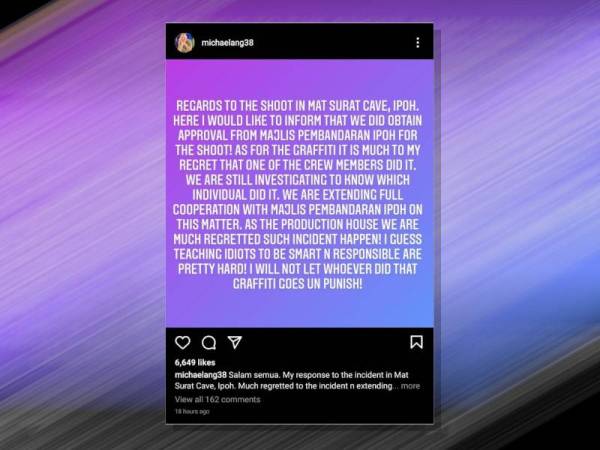 Michael Ang menaikkan kenyataan di lnstagramnya berhubung insiden melibatkan krunya.