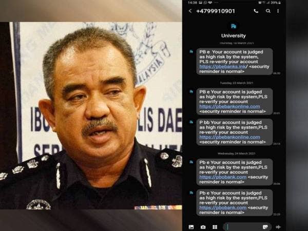 SMS yang diterima mangsa menyebabkan kerugian sebanyak RM39,900. Gambar kiri: Noorzainy Mohd Noor