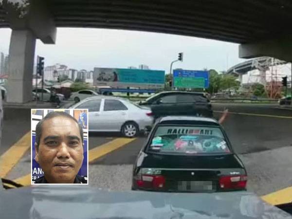 Suspek menghalang jentera bomba semasa dalam keadaan kecemasan di persimpangan lampu isyarat Jalan Bakar Batu, Johor Bahru. - Foto: Tangkap layar video viral, gambar kecil: ACP Mohd Padzli
