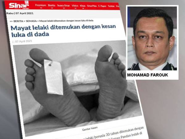 Laporan Sinar Harian berhubung penemuan mayat seorang lelaki berusia 30 tahun di sebuah apartmen di Taman Pandan Indah.