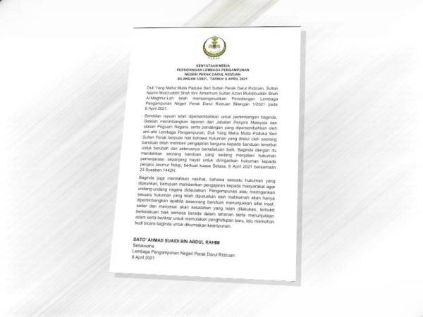 Sultan Perak, Sultan Nazrin Muizzuddin Shah berkenan memberi perkenan meringankan hukuman yang dihadapi seorang banduan yang sedang menjalani hukuman pemenjaraan sepanjang hayat kepada penjara seumur hidup.