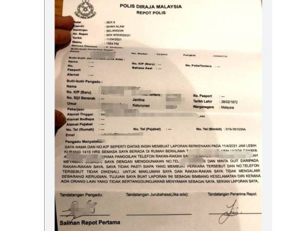 Laporan polis yang dibuat mangsa.