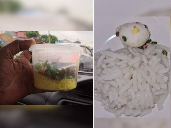 Isi bihun yang sedikit seperti dikongsikan seorang pengguna di media sosial. Kanan: Laksa yang dibeli pengadu yang didakwa telah basi.