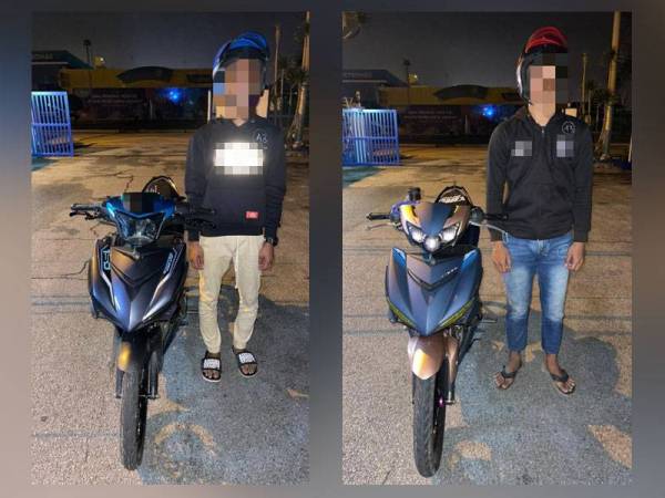 Antara remaja yang ditahan kerana berlumba dan melakukan aksi berbahaya di jalan raya di Jalan Kluang, Batu Pahat, Johor pada awal pagi Ahad.