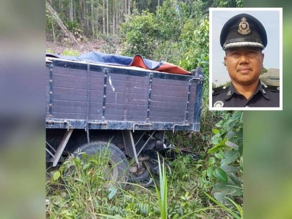 Kemalangan yang berlaku di kawasan ladang getah berhampiran Kampung Binjai, Dungun, pada Isnin. - Foto Ihsan IPD Dungun (Gamabr kecil: Baharudin Abdullah)