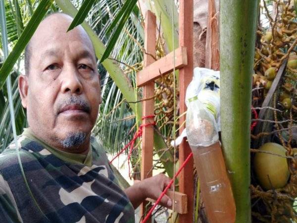 Harun menunjukkan air nira atau digelar juga sebagai air tuak di kediamannya di Kampung Padang Hangus, Tepoh di Kuala Nerus.