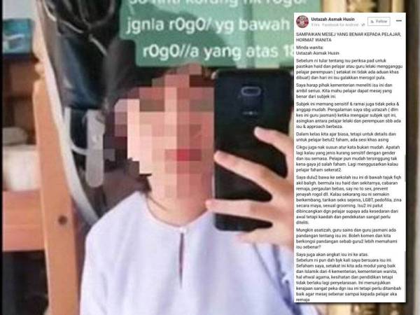 Tular video seorang pelajar mendakwa guru mata pelajaran pendidikan jasmani bergurau keterlaluan kerana seperti menggalakkan pelajar melakukan perbuatan rogol.
Gambar kecil: Kenyataan Senator Asmak Husin di Facebook pada Sabtu.