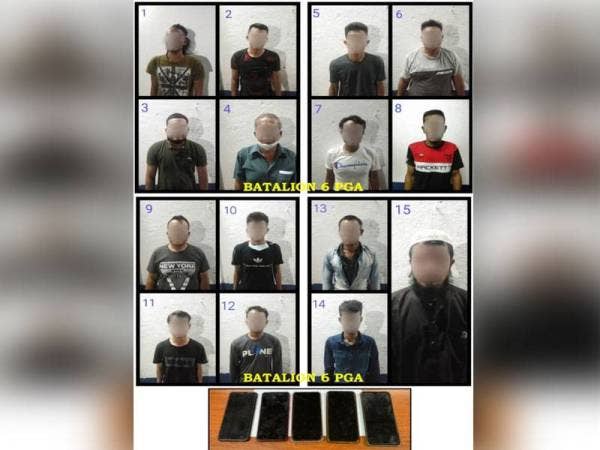 Batalion 6 PGA menahan 15 PATI dalam Ops Benteng di Kampung Ladang Tumbuk, Tanjung Sepat, pada Ahad.
