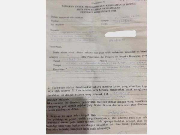 Kompaun RM50,000 yang diterima Wan Mohd Faisal akibat berniaga melebihi masa yang ditetapkan.