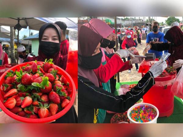Gerai jus strawberi di Cabang 3 Geting, Tumpat diserbu pelanggan yang sukakan rasa segar dan masam manis jus resipi Nik Ayuani. Nik Ayuani (kanan) dan tiga pembantunya menyiapkan pesanan pelanggan yang beratur sepanjang 100 meter bagi mendapatkan jus strawberi segar yang dijualnya di Cabang 3 Geting, Tumpat sepanjang Ramadan.