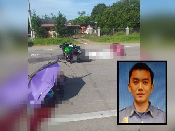 Lokasi kemalangan membabitkan dua motosikal yang mengorbankan dua nyawa dekat Sanglang, Benut, Pontian pada Sabtu. (Gambar kecil: Anuar Abdullah)