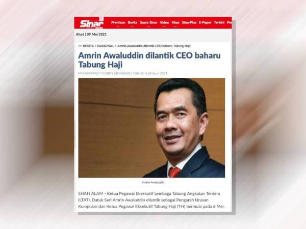 Laporan Sinar Harian mengenai pelantikan Amrin Awaluddin sebagai Pengarah Urusan Kumpulan dan Ketua Pegawai Eksekutif TH berkata kuasa pada 6 Mei.