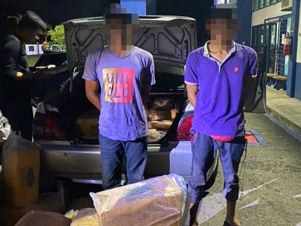 Dua lelaki ditahan polis selepas cuba menyeludup daging ayam beku masuk ke negara ini secara tidak sah di Rantau Panjang pada Ahad.