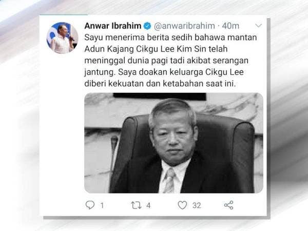 Anwar mengampaikan ucapan takziah kepada keluarga mendiang Kin Sin di Twitternya pada Selasa.