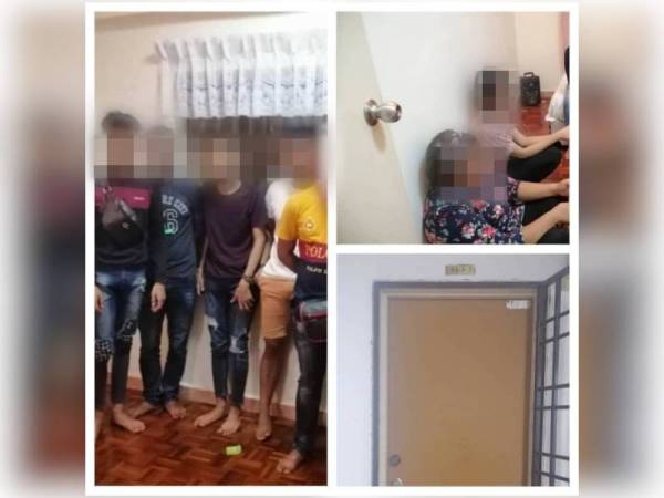 Kumpulan lapan individu yang ditahan kerana mengadakan parti di sebuah inap desa di Lumut pada Ahad. - Foto ihsan PDRM