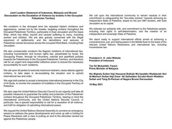 Kenyataan bersama oleh Joko Widodo, Muhyiddin Yassin dan Sultan Brunei Sultan Hassanal Bolkiah.