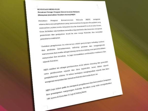 Kenyataan yang dikeluarkan Ahmad Murad mengenai isu kekejaman tentera Israel terhadap rakyat Palestin pada Isnin.