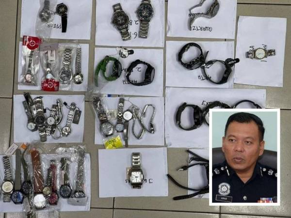 Antara jam tangan dipercayai hasil jenayah pecah masuk kedai yang dirampas polis susulan tertangkapnya empat suspek di sekitar Klang, Selangor pada Rabu. (Gambar kecil: Shamsul Amar Ramli)