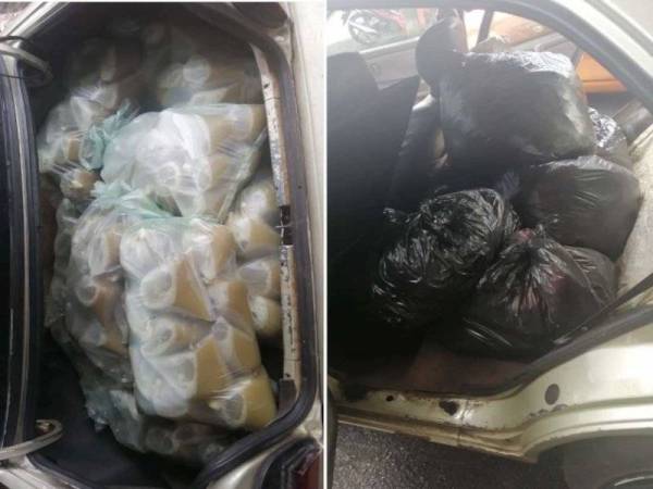 Bungkusan air ketum dan daun ketum yang ditemui kereta dipandu suspek yang ditahan anggota Pasukan Polis Marin Wilayah Tiga di kawasan Seri Damai di sini pada Selasa. - Foto PPM Wilayah Tiga