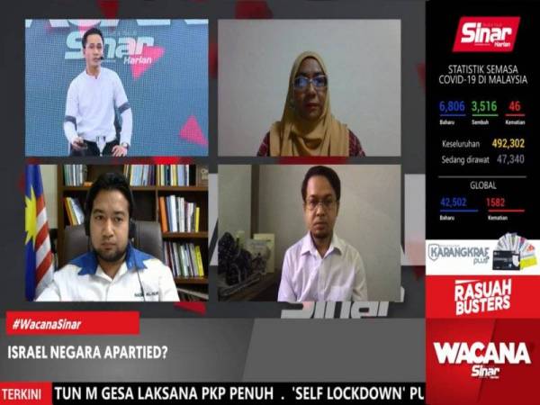 Wacana Sinar Harian siri ke-258 bertajuk ‘Israel Negara Aparteid?’ menampilkan Ahmad Fedtri (kanan di bawah), Salawati (kanan di atas) dan Muhammad Nadir Al-Nuri (kiri di bawah) yang bersiaran secara langsung menerusi dalam talian pada Khamis. Ismail (kiri di atas) pula bertindak sebagai moderator.