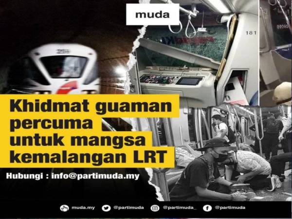 Muda menawarkan khidmat guaman secara pro bono kepada mangsa dalam kemalangan melibatkan dua tren LRT laluan Kelana Jaya pada malam Isnin.