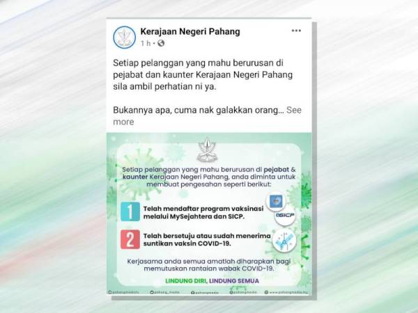 Rakyat Pahang perlu sahkan bersetuju atau sudah menerima dua suntikan vaksinasi menerima pendaftaran menerusi aplikasi MySejahtera dan SICP.