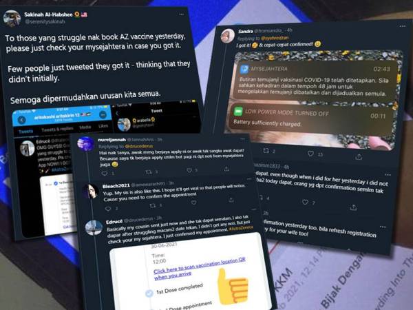 Tangkap layar warganet yang berjaya menempah temu janji vaksin Covid-19 AstraZeneca meskipun gagal berbuat demikian pada Rabu.