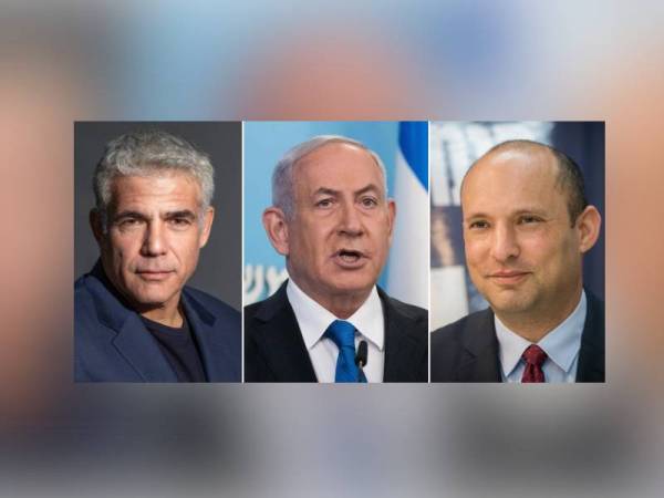 Dari kiri: Lapid, Netanyahu dan Bennett.