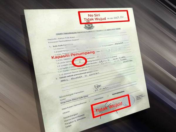 Borang rentas negeri palsu yang dikemukakan dua lelaki ketika ditahan di SJR Plaza Tol Bentong menghala Kuantan pada Sabtu. - Foto ihsan polis