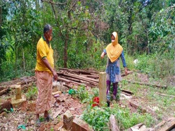Abdul Rahman dan isteri menunjukkan sisa kayu hasil dari pembinaan pondok di kebun mereka yang dimusnahkan gajar liar di Kampung Kota Aur, Sik.