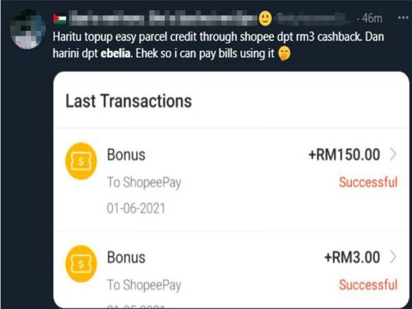 Tangkap layar pengguna Twitter yang berjaya menerima e-Belia.