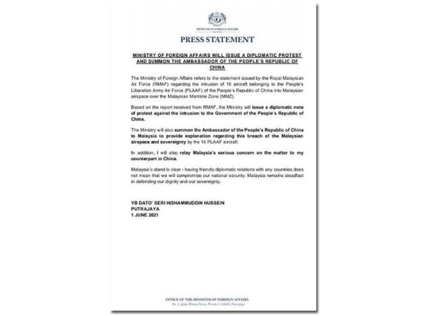 Kenyataan Kementerian Luar Negeri pada Selasa.