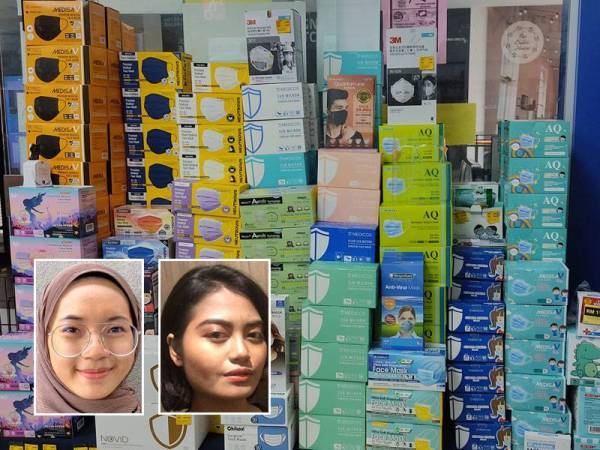 Pelitup muka jenis fabrik dikatakan boleh digunakan seperti yg disarankan oleh KKM untuk mengurangkan risiko dijangkiti Covid-19. Gambar kecil dari kiri: Noor Liana, Afiqah