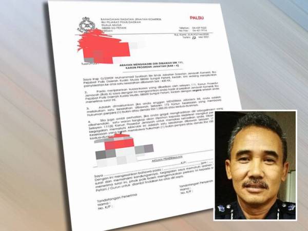 Surat panggilan saksi Polis Diraja Malaysia (PDRM) yang dipalsukan untuk dijual dalam laman sosial Wechat bagi tujuan rentas negeri ketika tempoh Sekatan Pergerakan Penuh (SPP). Gambar kecil: Asisten Komisioner Adzli Abu Shah