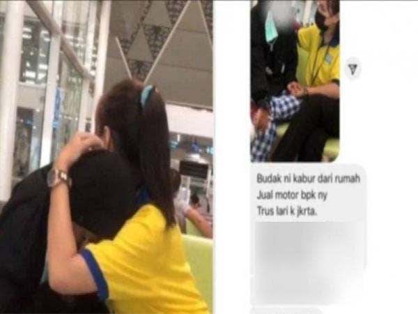 Gadis itu menangis dan keliru ditenangkan oleh Monik di Lapangan Terbang Sultan Thaha Jambi pada Selasa. - Foto Agensi