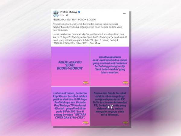 Tangkap layar hantaran di Facebook Dr Muhaya pada Khamis.
