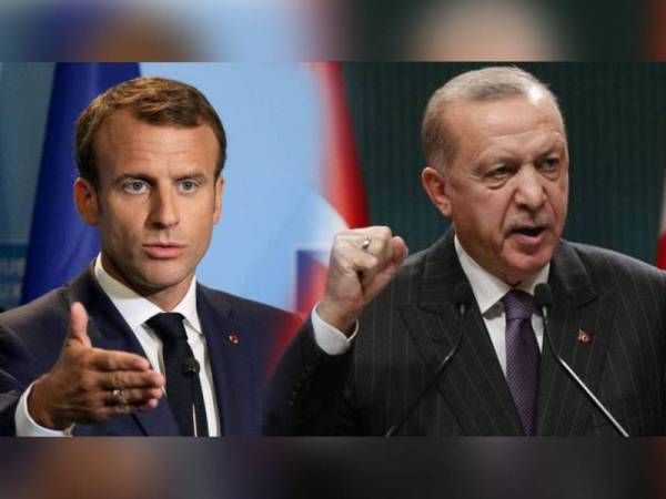 Gambar dari kiri: Emmanuel Macron, Recep Tayyip Erdogan