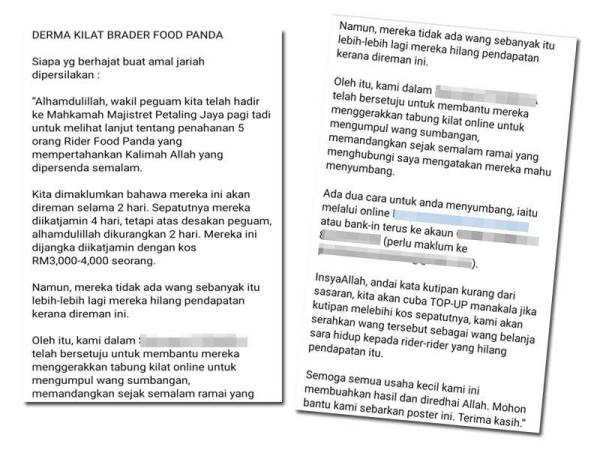 Kenyataan dimuat naik di Facebook berkaitan kutipan derma bagi membiayai jaminan lima penghantar makanan yang ditahan polis di Sungai Way pada Jumaat.
