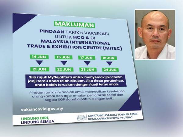 Penangguhan janji temu vaksin pada tarikh 14 hingga 18 Jun dikongsikan di Twitter JKJAV pada Ahad.
Gambar kecil: Lip Eng