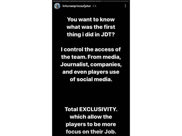 Antara kenyataan Tunku Ismail pada ruangan Insta Story di laman akaun Instagram miliknya.