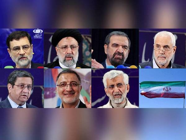 Kombinasi gambar calon Presiden Iran (barisan atas dari kiri ke kanan), Amir-Hossein Ghazizadeh Hashemi, Embrahim Raisi, Mohsen Rezaei dan Mohsen Mehralizadeh manakala di barisan kedua dari kiri ke kanan ialah Abdolnaser Hemmati, Alireza Zakani dan Saeed Jalili. - Foto AFP