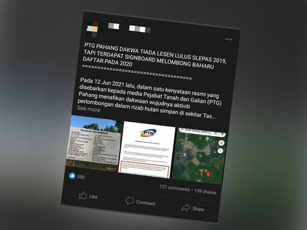 Gambar bersama kenyataan dakwa wujud bukti pajakan melombong di Tasik Chini yang dimuatnaik di sebuah akaun Facebook pada Isnin.