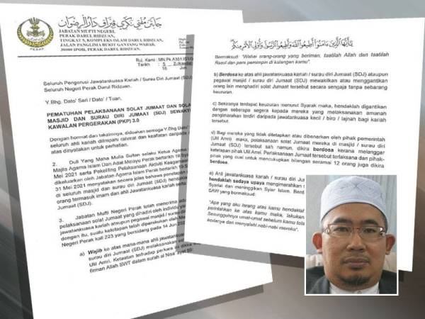 Pekeliling Pematuhan Pelaksanaan Solat Jumaat dan Solat Berjemaah di Masjid dan SDJ Sewaktu PKP 3.0 yang dikongsi Facebook Jabatan Mufti Negeri Perak pada Khamis. Gambar kecil: Zamri Hashim 