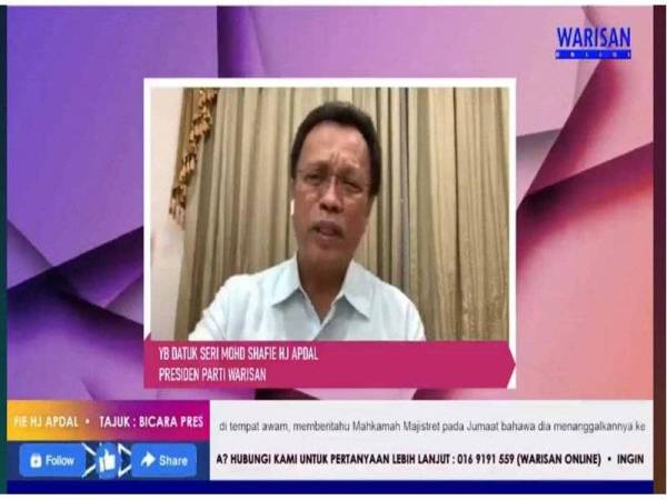 Datuk Seri Mohd Shafie Apdal ketika bercakap dalam satu sesi bual bicara program bersama pemimpin yang berlangsung secara maya pada malam Sabtu.