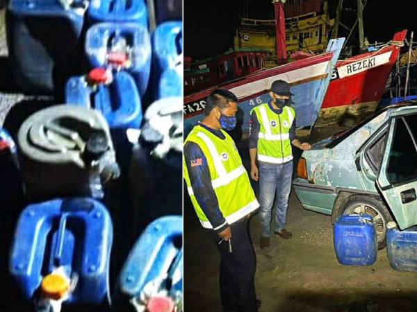 Gambar kiri: Sebanyak 18 tong yang dijumpai di tempat duduk penumpang belakang. Anggota penguat kuasa memeriksa Proton Saga yang membawa tong-tong berisi minyak petrol di tepi Sungai Golok pada Sabtu.