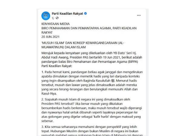 Kenyataan Media Biro Pemahaman dan Pemantapan Agama (BiPPA), Parti Keadilan Rakyat (PKR) pada Ahad.