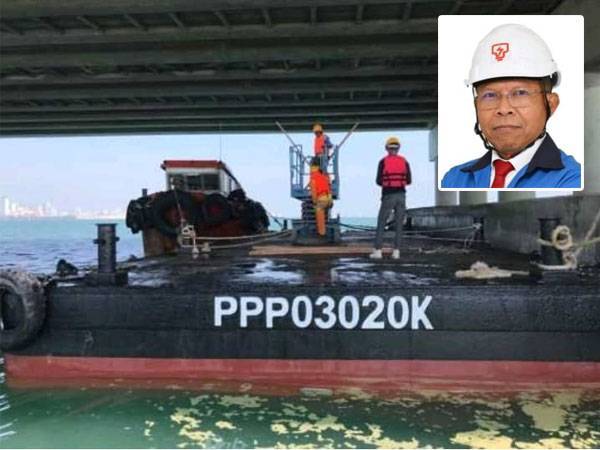 Kerja-kerja membaiki kabel voltan tinggi yang terbakar di Kilometer 3.2 Jambatan Pulau Pinang dilaksanakan sepenuhnya menggunakan baj dan pengangkutan air bagi memastikan kelancaran trafik di jambatan tidak terjejas. Gambar kecil: Husaini