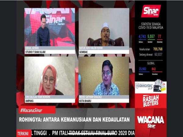 Dari kiri, atas: Ismail sebagai moderator bersama Halim (atas, kanan), Dini Dalilah dan Mohd Safwan Ghazali (bawah, kanan) ketika program Wacana Sinar edisi ke-267 bertajuk Rohingya: Antara Kemanusiaan dan Kedaulatan yang disiarkan secara maya di platform Sinar Harian.