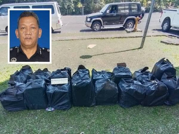 Bungkusan hitam berisi rokok seludup yang dirampas anggota PGA Briged Sabah di Lahad Datu. (Gambar kecil: Mohd Abduh)